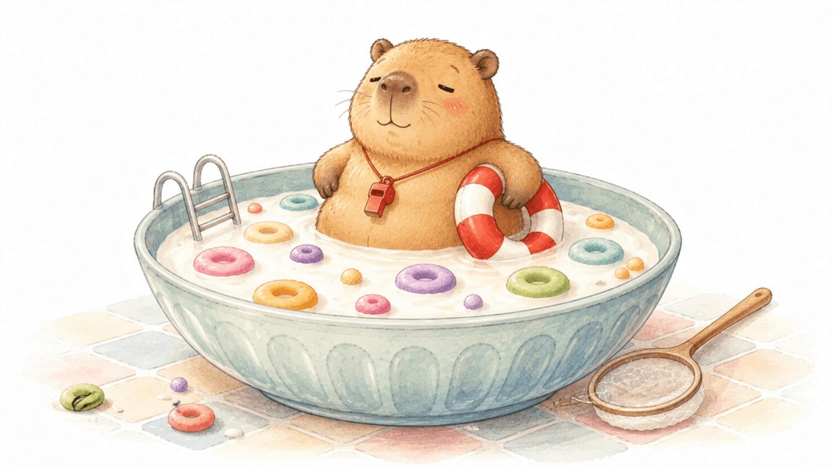 A capybara lifeguard in a bowl of colorful cereal rings