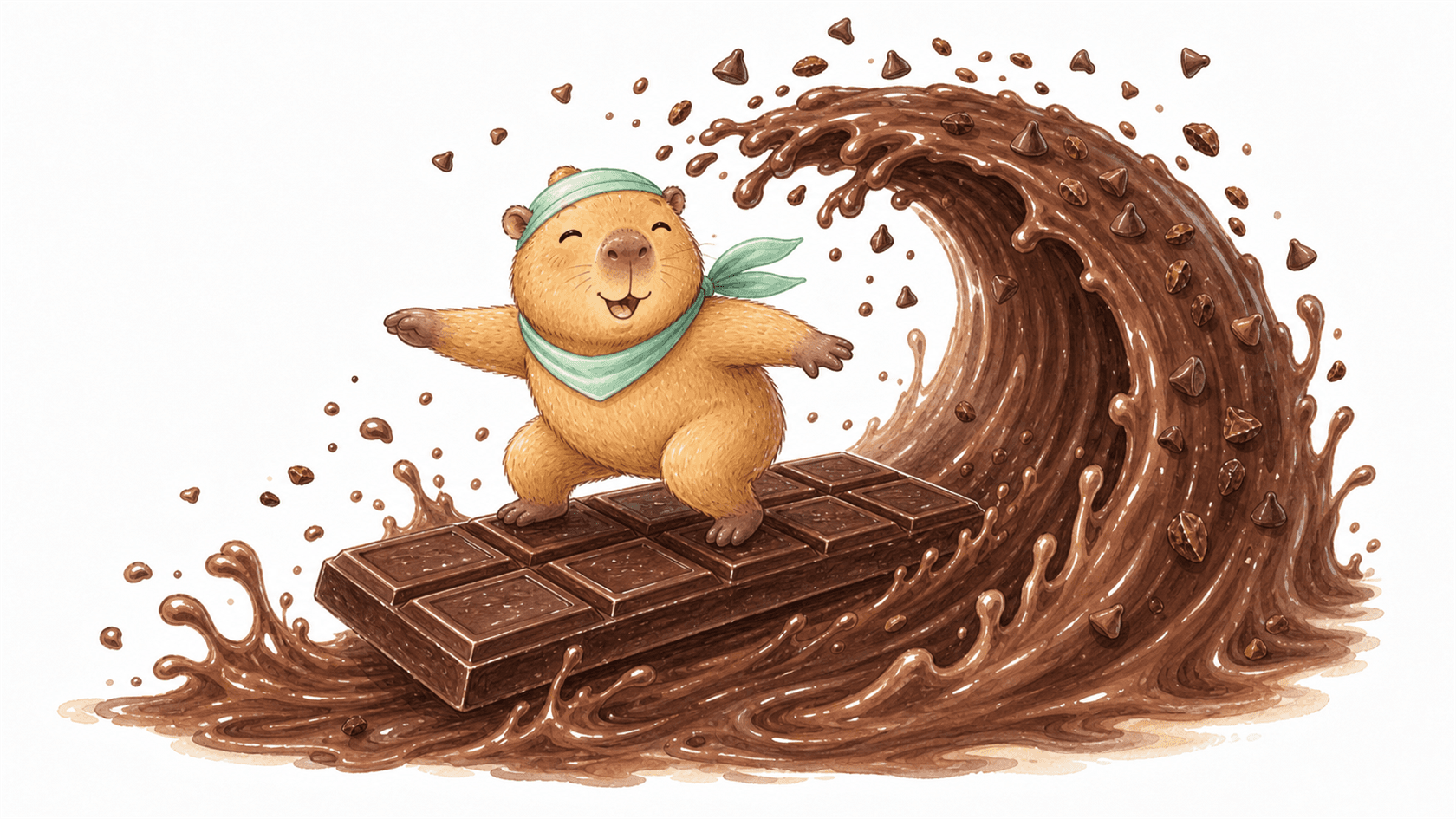 A watercolor capybara surfing a dark chocolate bar on a melted chocolate wave