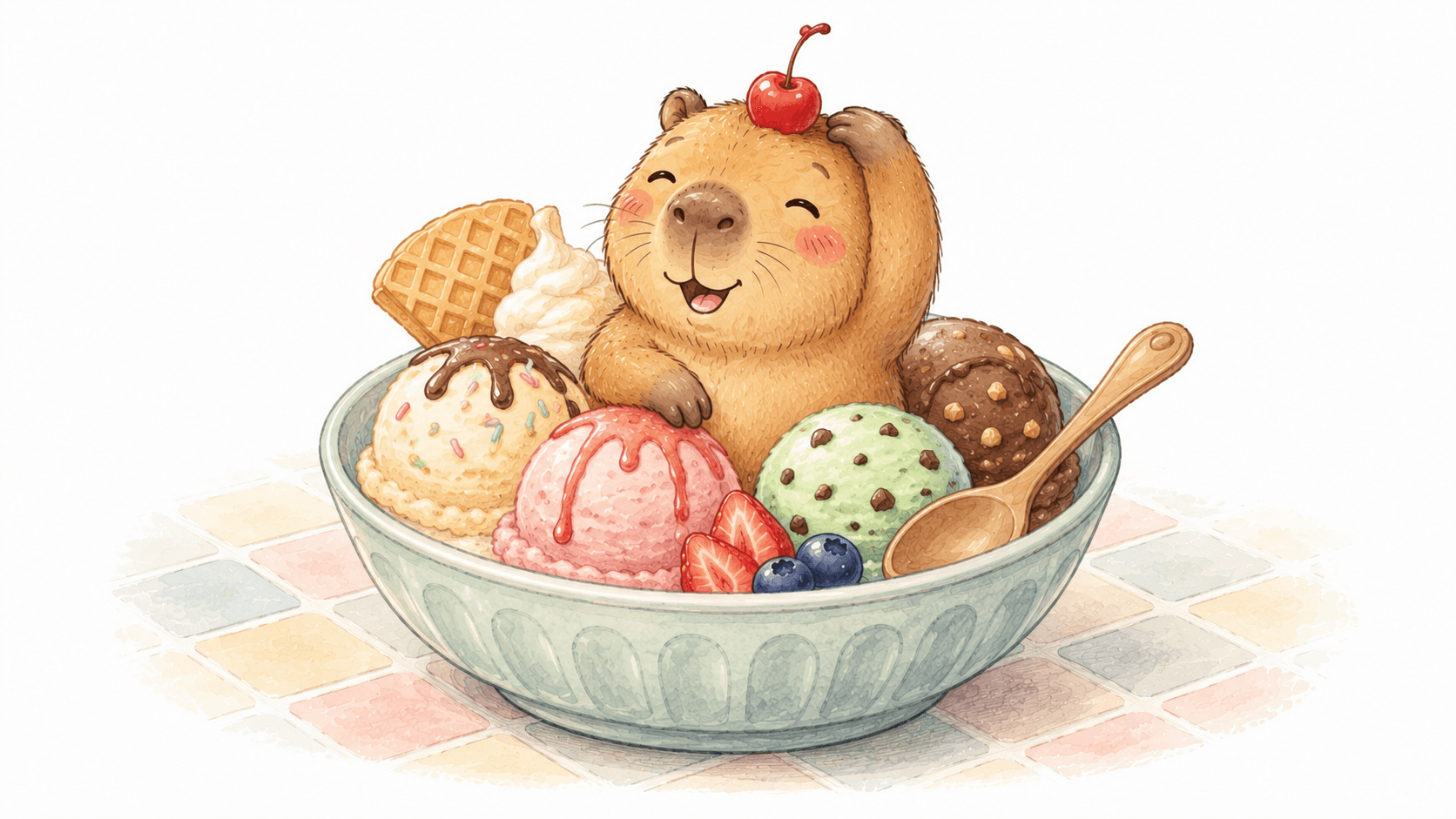 A happy capybara sitting in a bowl of ice cream scoops