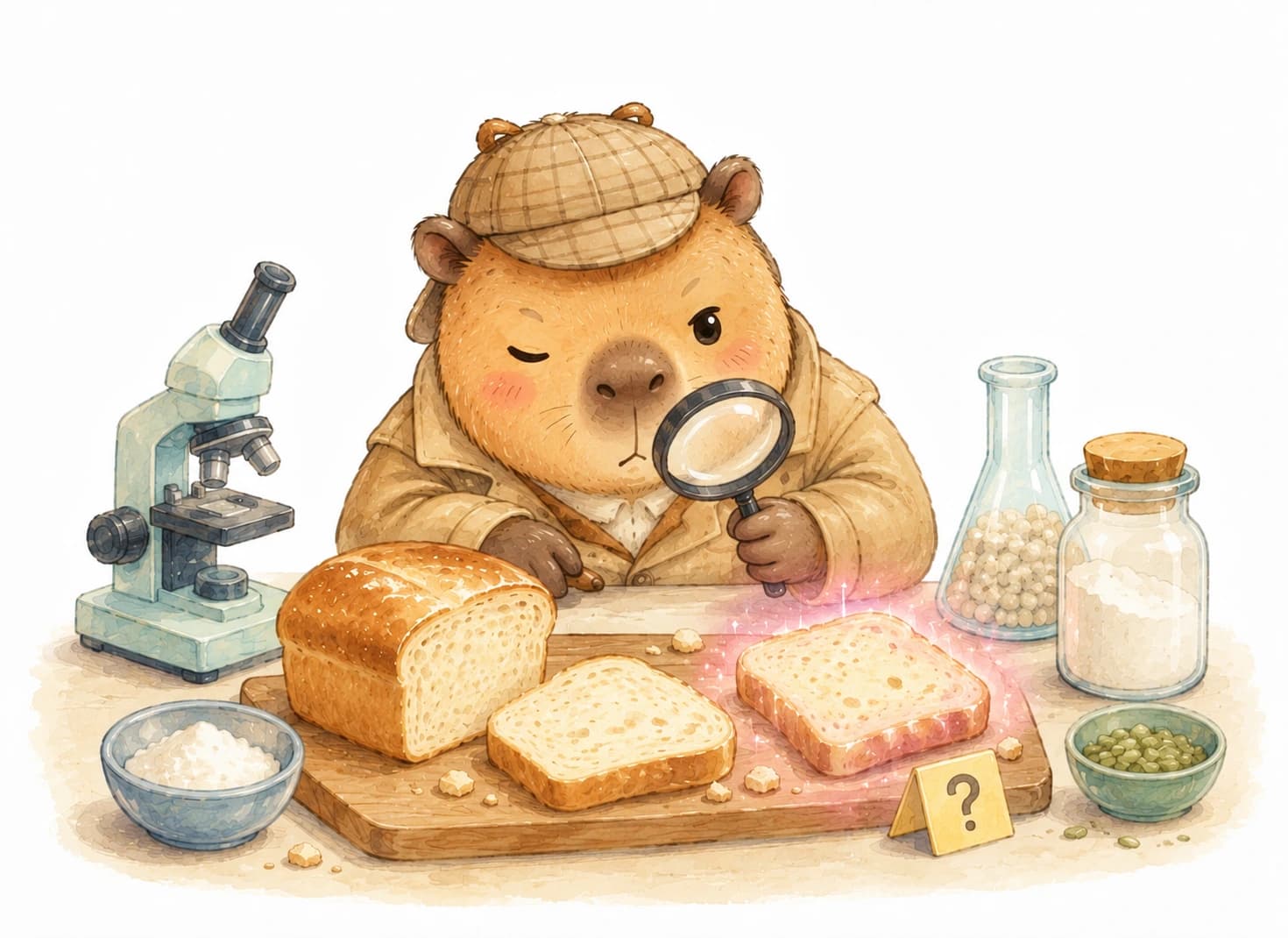 Watercolor illustration of a capybara detective inspecting slices of bread