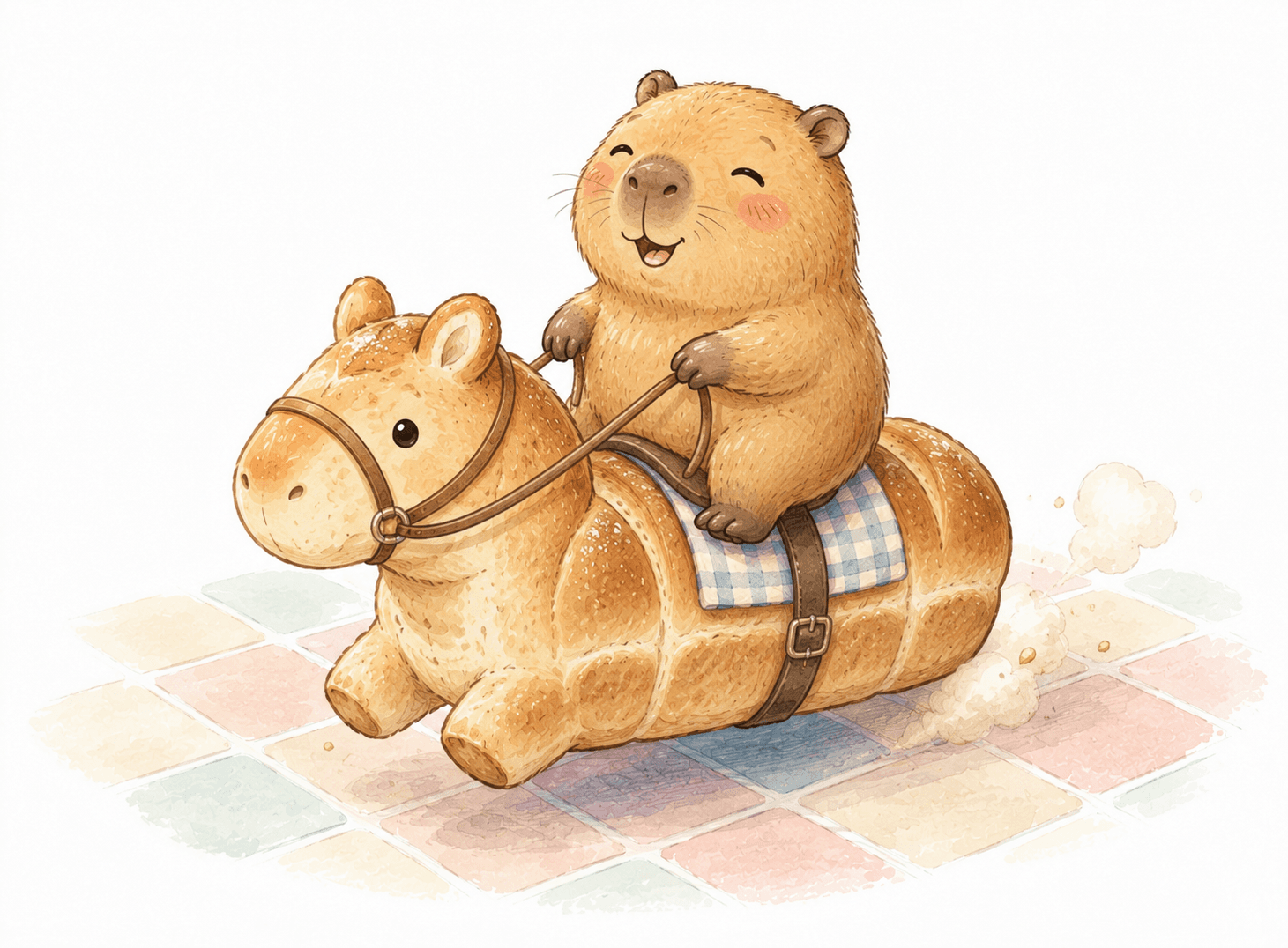 A smiling capybara riding a bread horse on pastel tiles