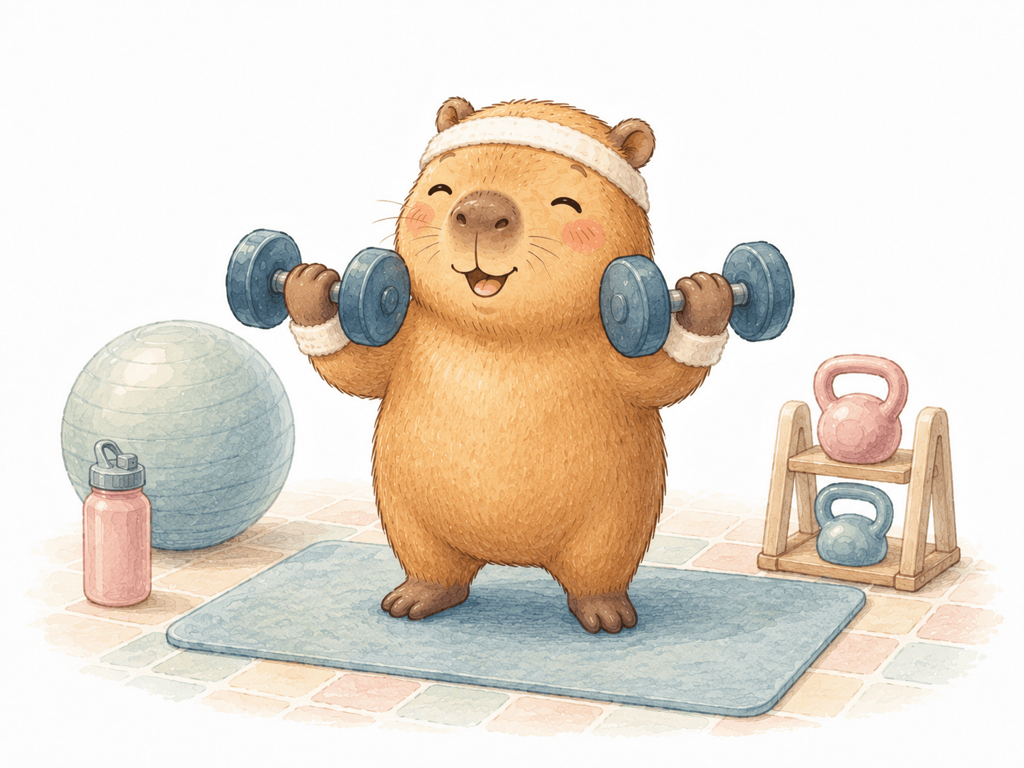Watercolor illustration of a smiling capybara lifting dumbbells on a workout mat with kettlebells and a fitness ball.