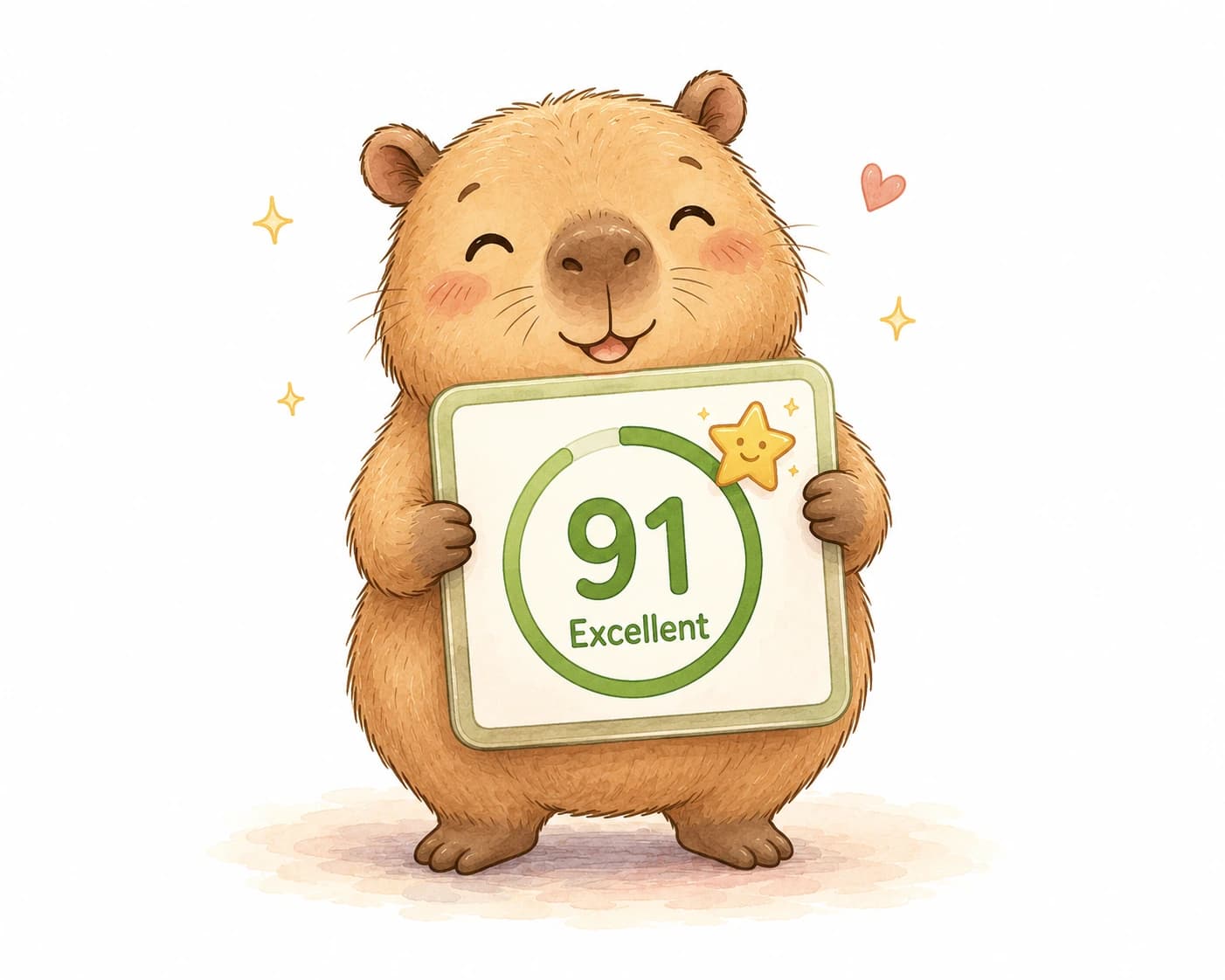 Watercolor illustration of a smiling capybara holding an Excellent score card