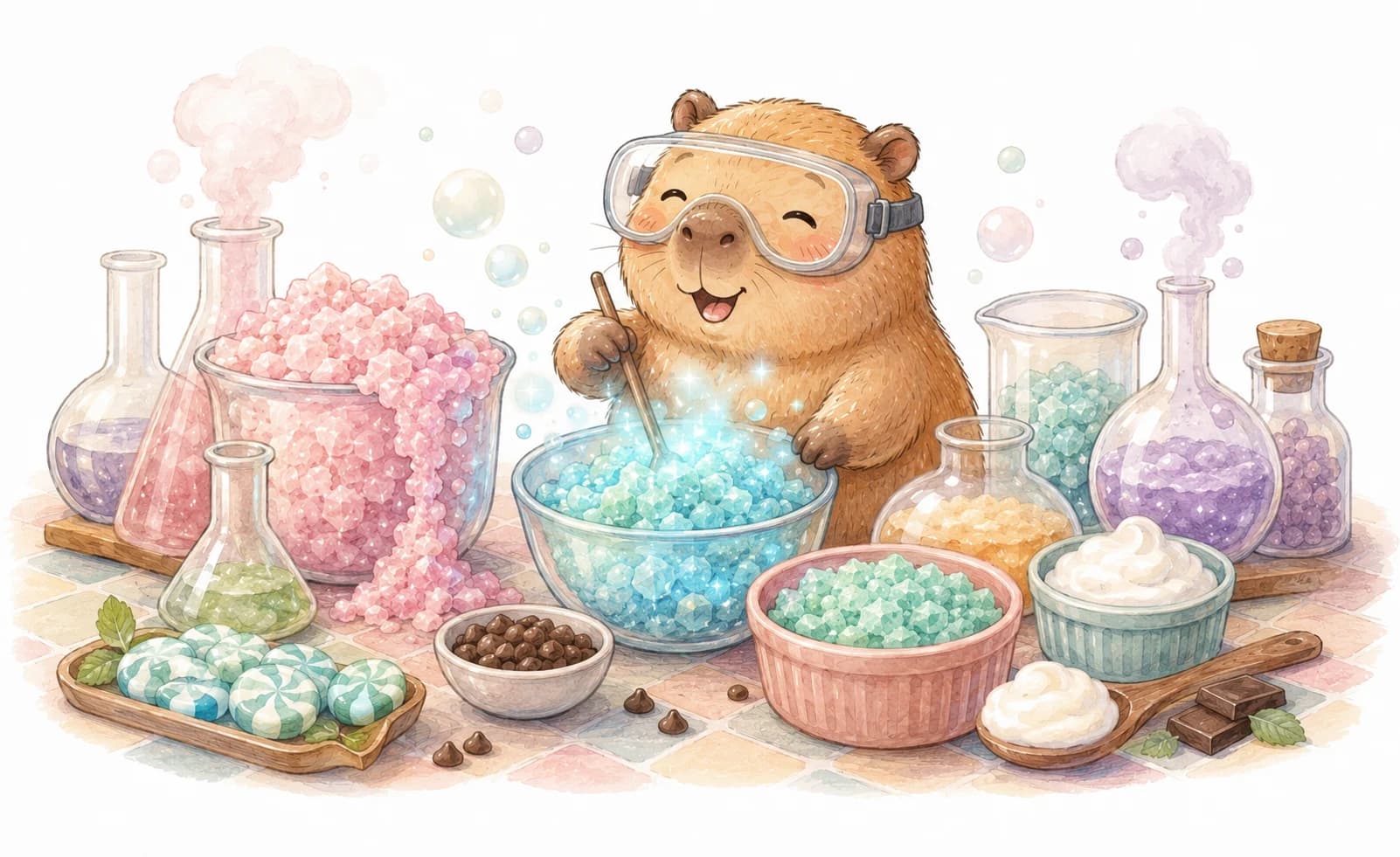 Watercolor illustration of a smiling capybara mixing colorful sugar alcohol crystals in a lab