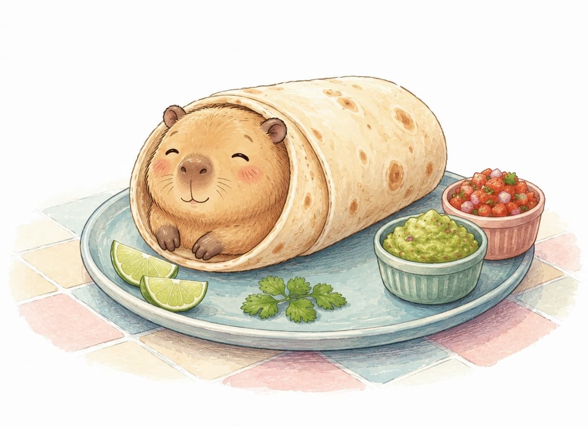 Watercolor illustration of a smiling capybara wrapped in a tortilla with salsa and guacamole