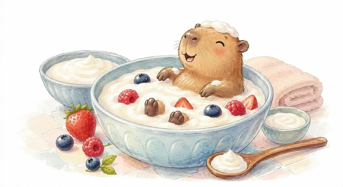 A happy capybara sitting in a bowl of yogurt with berries